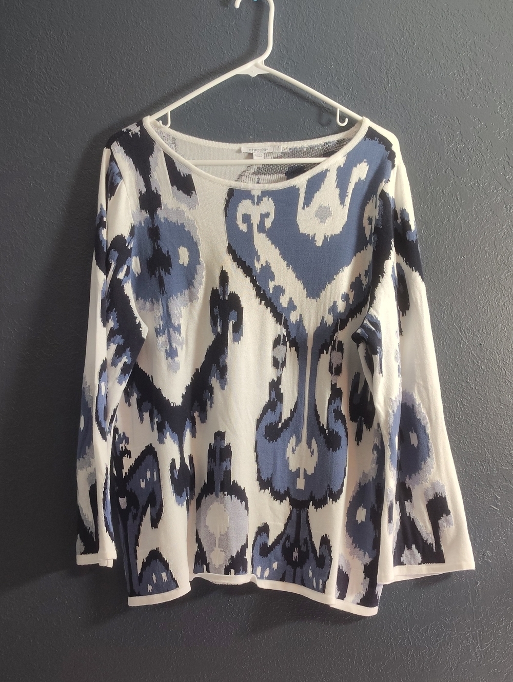 Chico's Blue, Navy & White Ikat-Pattern Crewneck Sweater